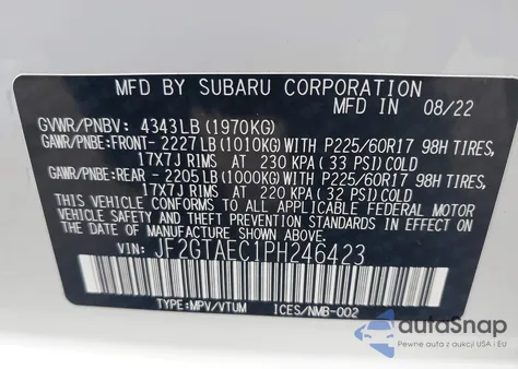 2023 Subaru Crosstrek Premium z USA, uszkodzony, nr VIN JF2GTAEC1PH246423
